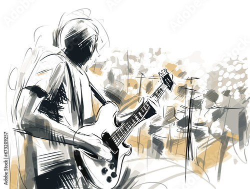 Drawing of Live music background. Show and public illustration separated, sweeping overdrawn lines.