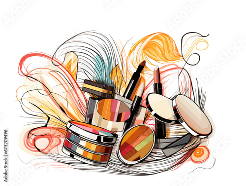 Drawing of make up products illustration separated, sweeping overdrawn lines.