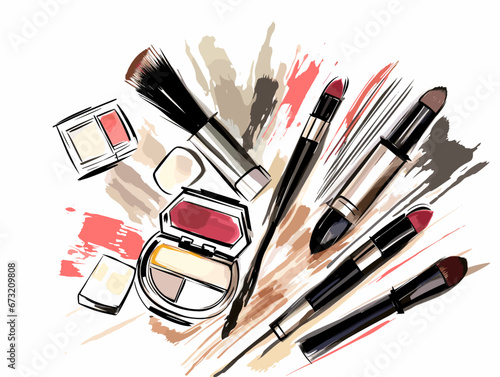 Drawing of make up products illustration separated, sweeping overdrawn lines.