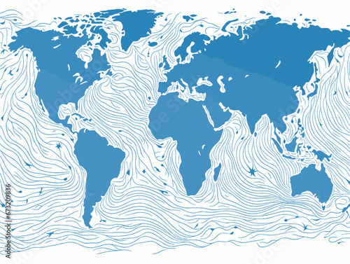 Drawing of Map of the world with oceans and seas illustration separated, sweeping overdrawn lines.