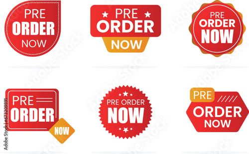 Pre order now label badges collection flat vector design | pre order now tag | sign | flat vector design