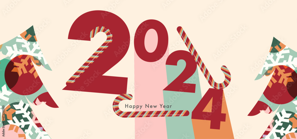 Merry Christmas and Happy New Year greeting card, poster, holiday cover. Modern Xmas design with typography, candies, 2024 logo, christmas trees and snowflakes. Minimal Invitation card, banner, flyer Merry Christmas and Happy New Year greeting card, poster, holiday cover. Modern Xmas design with typography, candies, 2024 logo, christmas trees and snowflakes. Minimal Invitation card, banner, flyer