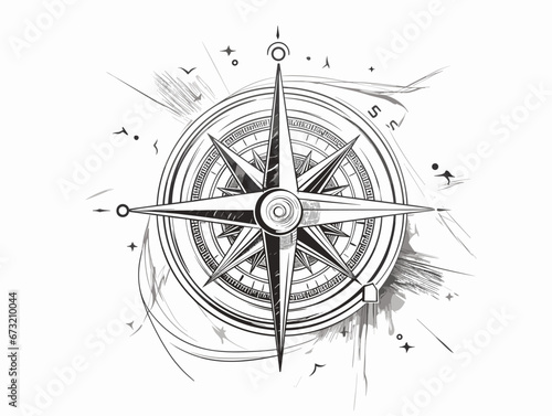 Drawing of Metal compass at paper map illustration separated, sweeping overdrawn lines.