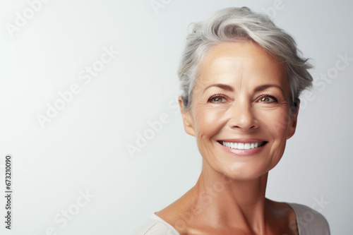 Senior woman with an anti-aging regimen, on a white background