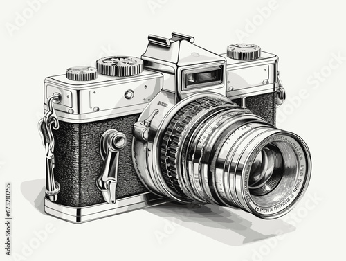 Drawing of Modern photo camera in engraving style illustration separated, sweeping overdrawn lines.