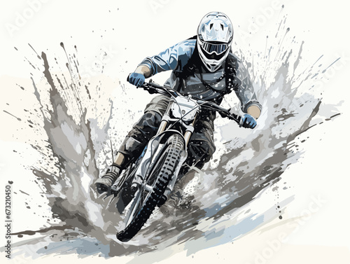 Drawing of Mountain bike water jump illustration separated, sweeping overdrawn lines.