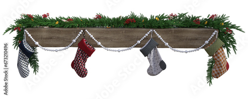 Obraz na plátně 3d Illustration of Christmas stockings hanging from a wooden beam decorated with