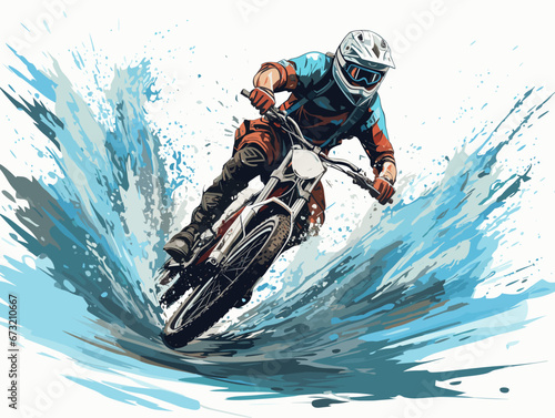 Drawing of Mountain bike water jump illustration separated, sweeping overdrawn lines.