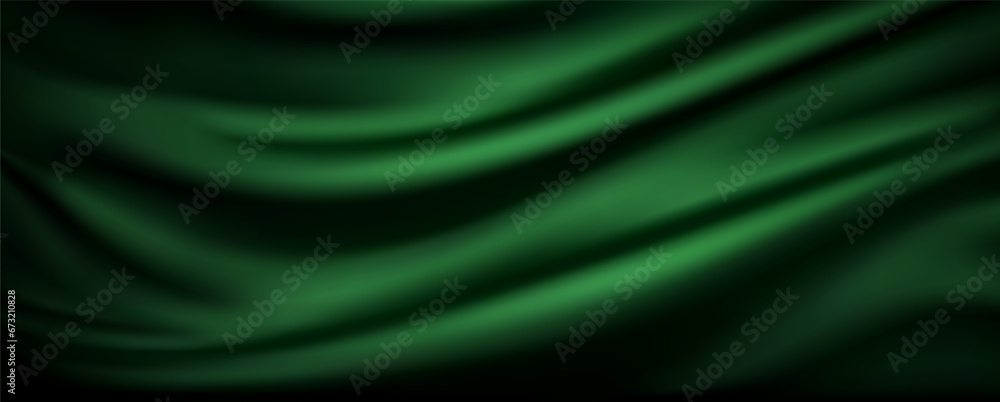 Green silk fabric luxury background. Wavy abstract satin cloth vector texture background. Smooth shiny silk