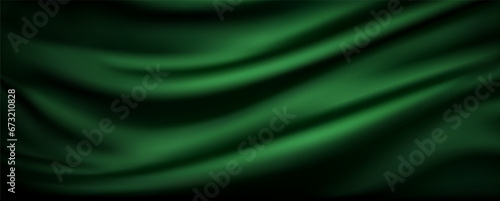 Green silk fabric luxury background. Wavy abstract satin cloth vector texture background. Smooth shiny silk