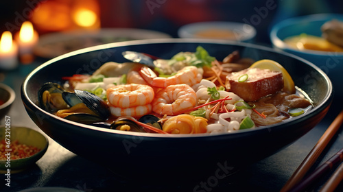 Japanese Noodles with Seafood on Selective Focus Background