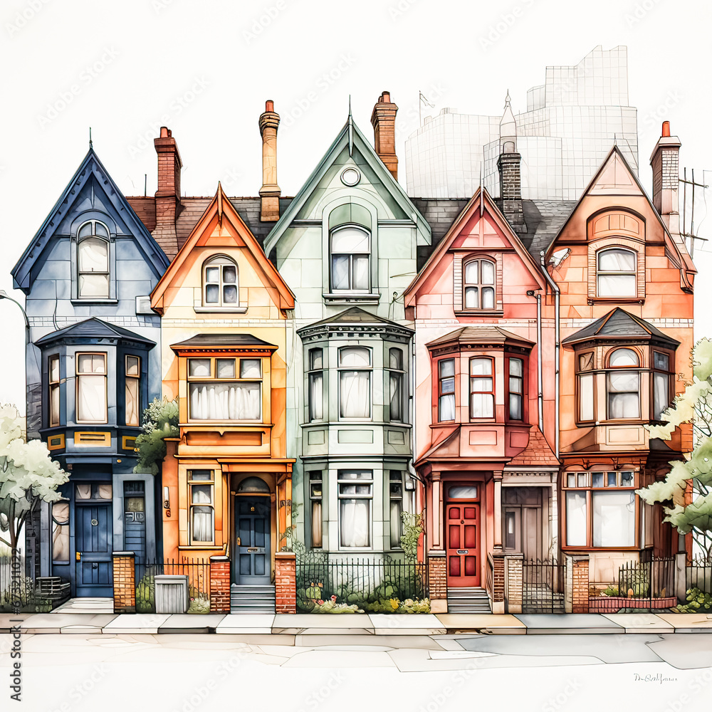 Watercolor art showcases intricate European house details in a picturesque sketch