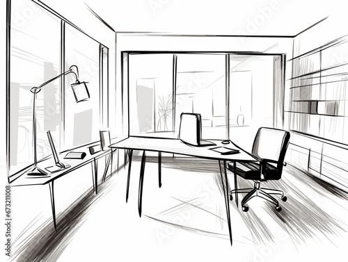 Drawing of Office room.Vector interior for work with table illustration separated, sweeping overdrawn lines.