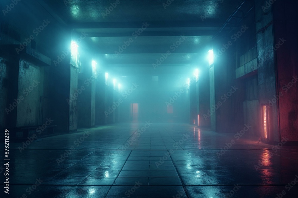 Foggy urban passage with illuminated neon lights reflecting on grungy concrete walls and a futuristic stage show. Generative AI