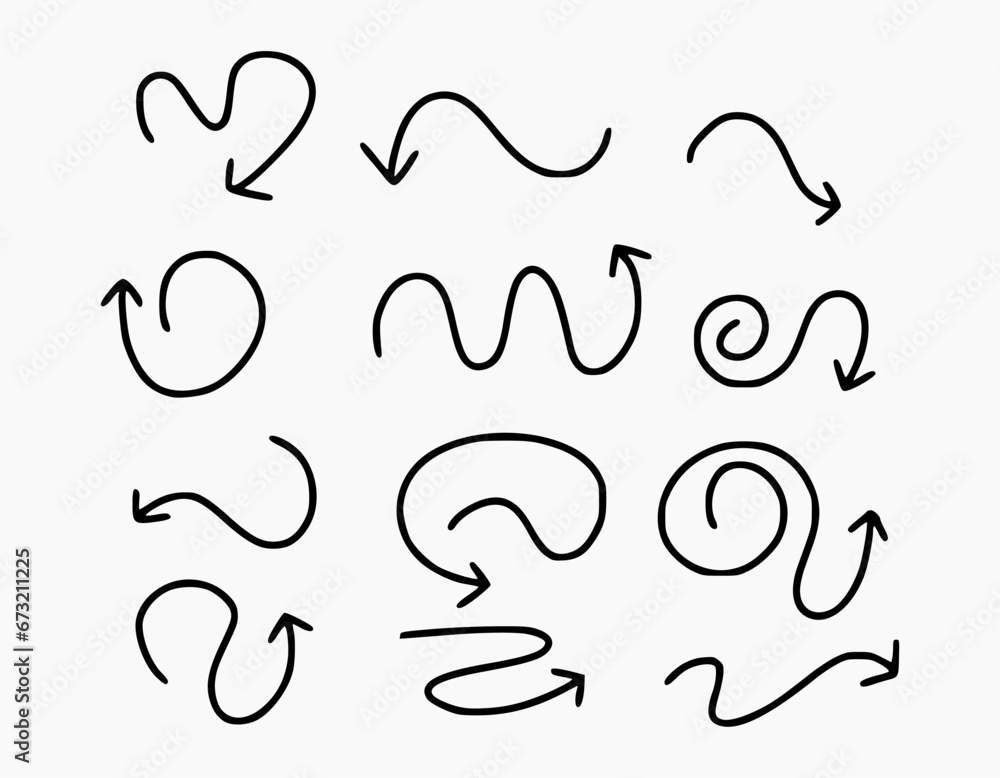 Set of hand drawn arrows. Simple doodle arrow with wavy lines. Scribble elements isolated on white background. Set of hand drawn arrows. Simple doodle arrow with wavy lines. Scribble elements isolated on white background.