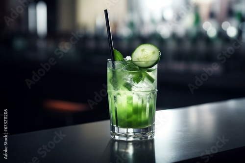 A refreshing beverage with a green hue, garnished by a fresh cucumber slice and accompanied by a straw. Generative AI