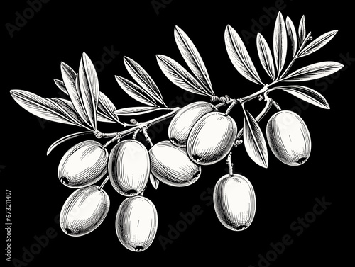 Drawing of Olive brunch in engraving style element illustration separated, sweeping overdrawn lines.