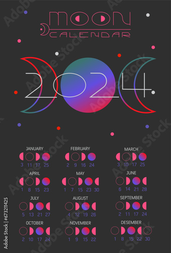 Moon calendar 2024 year. Cyberpunk style. Hand draw illustration.