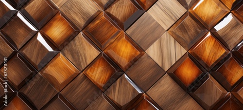 Abstract brown wooden glazed glossy deco glamour mosaic tile wall texture with geometric shapes - 3d wood background with square cubes photo