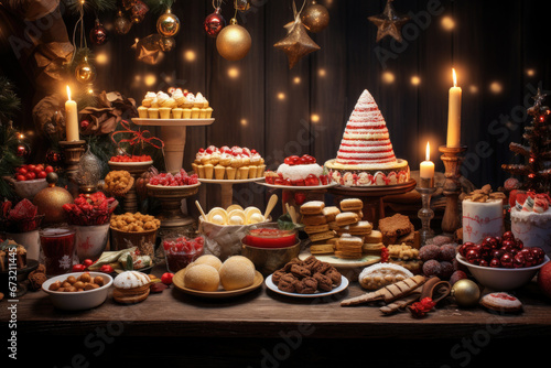 Thanksgiving Food and Dessert for party invitation, Christmas party celebration with dinner meal on table, Happy new year and Xmas scene, wooden table full of food and treats.