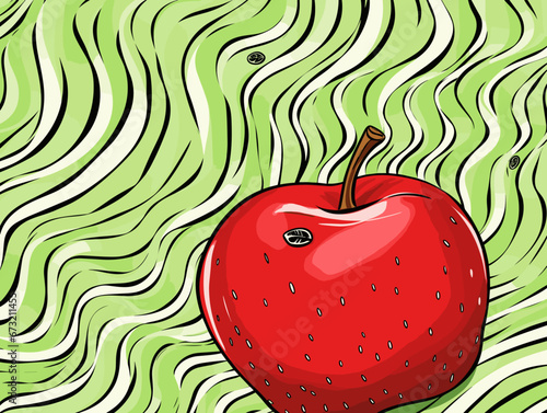 Drawing of One red apple selected on the background of green apple illustration separated, sweeping overdrawn lines.