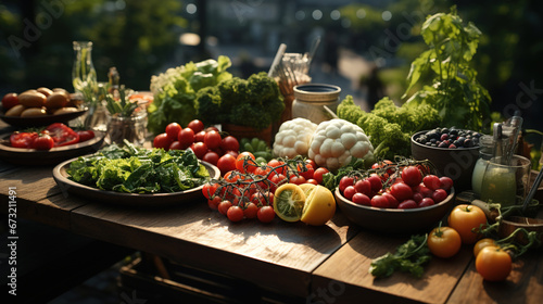 Fresh Vegetables on Wooden Table in Agriculture Field on Selective Focus Background