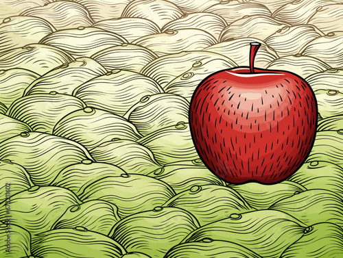 Drawing of One red apple selected on the background of green apple illustration separated, sweeping overdrawn lines.