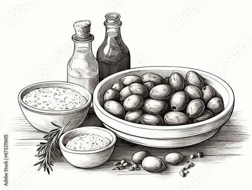 Drawing of Olive brunch in engraving style element illustration separated, sweeping overdrawn lines.