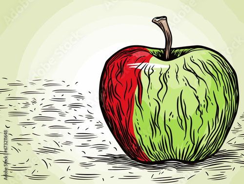 Drawing of One red apple selected on the background of green apple illustration separated, sweeping overdrawn lines.