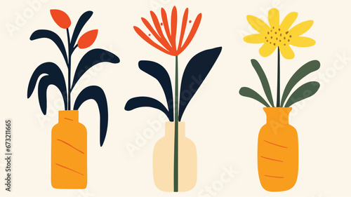 vector colorful flowers in vase collection ,boho vase with flowers set ,bohemian flowers in vase collection