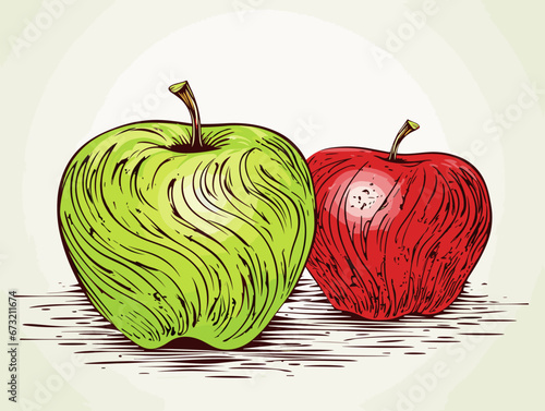 Drawing of One red apple selected on the background of green apple illustration separated, sweeping overdrawn lines.