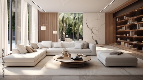 Awash in natural light  an opulent yet minimalist living room decorated in rationalist taste boasts sleek contours  soft carpets and artistic adornments