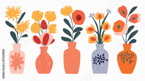 vector colorful flowers in vase collection ,boho vase with flowers set ,bohemian flowers in vase collection