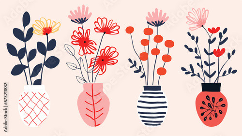 vector colorful flowers in vase collection ,boho vase with flowers set ,bohemian flowers in vase collection #673211882