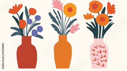 vector colorful flowers in vase collection ,boho vase with flowers set ,bohemian flowers in vase collection photo
