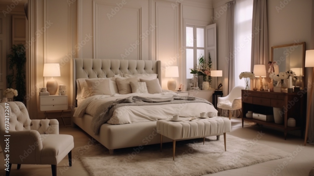 Bedroom of my dream. Tracking shot of elegant bedroom in a stylish, classically designed home with a contemporary feel No people Bedroom of my dream. Tracking shot of elegant bedroom in a stylish, classically designed home with a contemporary feel No people