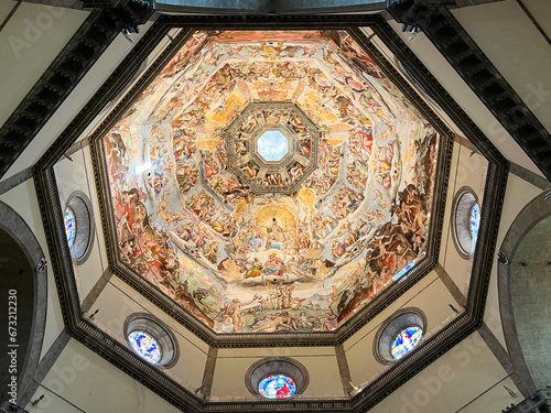 Florence, Italy. September 18, 2023.Florence Duomo. The painted ceiling of the Basilica di Santa Maria del Fiore (Basilica of Saint Mary of the Flower) in Florence