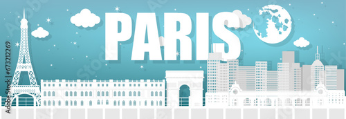 Paris landmarks, France, white paper postcard, Paris landmarks at night, full moon, tourist attractions in France, vector illustration.