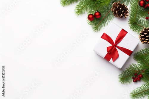 Christmas and New Year holiday greeting card background. Christmas gifts and ornaments on white background. Generative AI