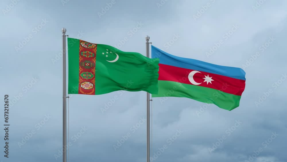 Azerbaijan and Turkmenistan flag waving together on cloudy sky, endless seamless loop, two country cooperation concept Azerbaijan and Turkmenistan flag waving together on cloudy sky, endless seamless loop, two country cooperation concept