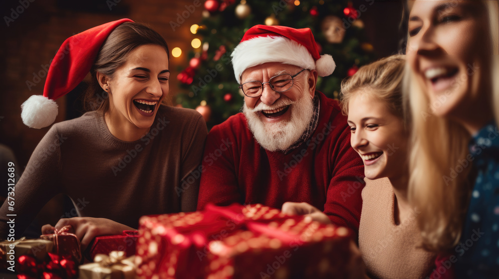 A delighted grandfather share a heartwarming moment while unwrapping a Christmas gift against the backdrop of a glowing festive tree. A delighted grandfather share a heartwarming moment while unwrapping a Christmas gift against the backdrop of a glowing festive tree.