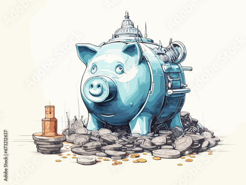 Drawing of Piggy bank saver illustration separated, sweeping overdrawn lines.