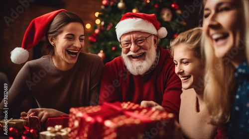 A delighted grandfather share a heartwarming moment while unwrapping a Christmas gift against the backdrop of a glowing festive tree.