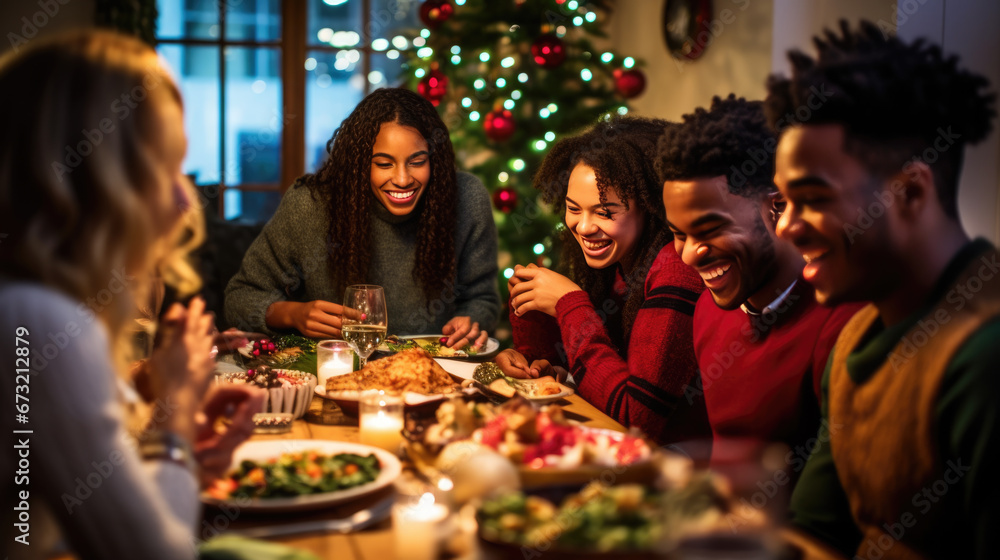 Group of friends enjoying a lively Christmas dinner party, filled with laughter and good cheer, in a warmly lit room decorated for the holiday season.