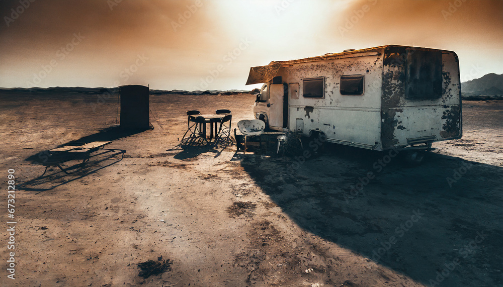 abandoned vacation motorhome in the desert alone and dry under the bright sun