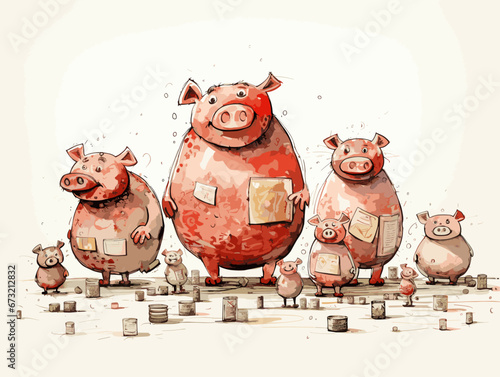 Drawing of Piggy Banks Superannuation Finance Business illustration separated, sweeping overdrawn lines.