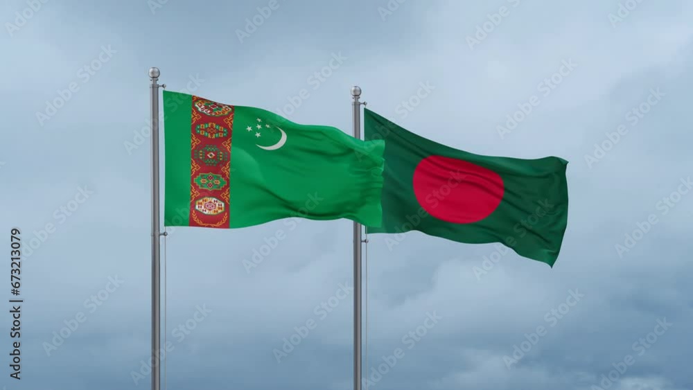 Bangladesh flag and Turkmenistan flag waving together on cloudy sky, endless seamless loop, two country relations concept Bangladesh flag and Turkmenistan flag waving together on cloudy sky, endless seamless loop, two country relations concept