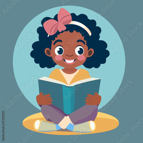 A little girl reading books. A little ethnic girl with curly black hair is reading a book in her hands. Girl reading a book on a yellow carpet © Valeriya