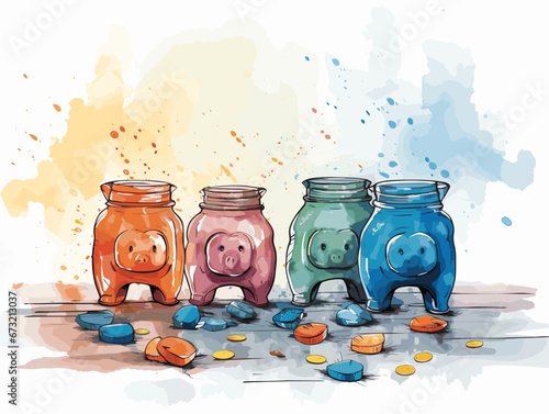 Drawing of Piggy Banks Superannuation Finance Business illustration separated, sweeping overdrawn lines.