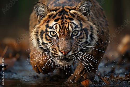 Tiger in the wild with wet fur and foliage